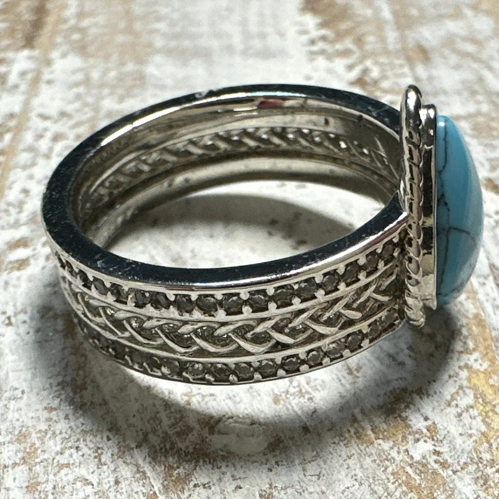 Bomb Party Farmhouse Chic Turquoise Pear Ring Silver Tone Braided Band Size 6.25
